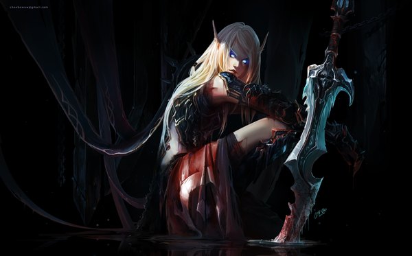Anime picture 1400x872 with world of warcraft blizzard entertainment chenbo single long hair blonde hair wide image sitting pointy ears realistic glowing elf glowing eye (eyes) girl weapon sword water armor blood
