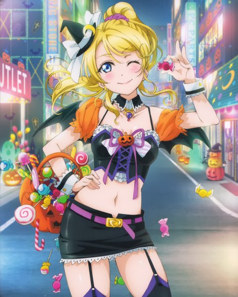 Anime picture 3252x4053 with love live! school idol project sunrise (studio) love live! ayase eli long hair tall image blush highres blue eyes blonde hair smile absurdres ponytail one eye closed wink scan official art halloween girl thighhighs