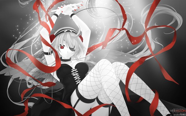Anime picture 1920x1200 with original misaki kurehito single looking at viewer fringe highres open mouth light erotic red eyes wide image ahoge bent knee (knees) very long hair nail polish grey hair inscription floating hair lacing red nail polish weightlessness