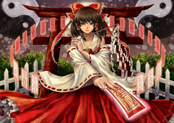 Anime picture 1000x706 with touhou hakurei reimu natsume k single fringe short hair smile brown hair standing holding brown eyes traditional clothes light smile magic glow girl hair ornament bow ribbon (ribbons) plant (plants)