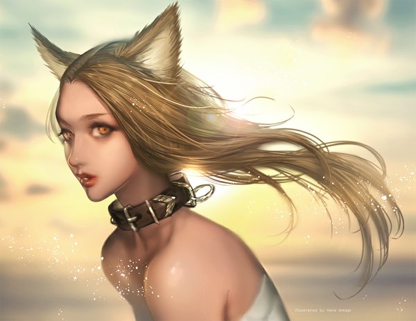 Anime picture 1000x772 with original amagi (artist) single long hair looking at viewer open mouth blonde hair bare shoulders animal ears yellow eyes sky cloud (clouds) wind sunlight evening sunset close-up sunbeam girl collar