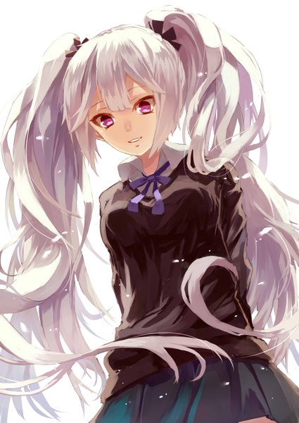 Anime picture 2149x3035 with d-frag! brains base (studio) sakai tama kurenai907 single long hair tall image fringe highres simple background white background twintails purple eyes silver hair parted lips looking down hands behind back girl uniform school uniform