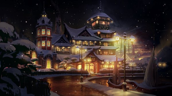 Anime picture 1000x563 with original you shimizu wide image night wet night sky light snowing reflection winter snow no people fantasy river building (buildings) lantern watercraft lamppost stained glass boat