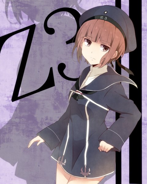 Anime picture 800x1000 with kantai collection z3 destroyer (max schultz) z3 max schultz yukichi (eikichi) single tall image looking at viewer short hair brown hair brown eyes shadow girl dress hat sailor suit