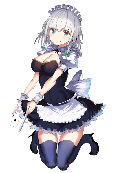 Anime picture 868x1265 with touhou izayoi sakuya rinaka moruchi single tall image looking at viewer fringe short hair breasts simple background smile hair between eyes large breasts holding blue hair cleavage silver hair full body bent knee (knees) braid (braids)