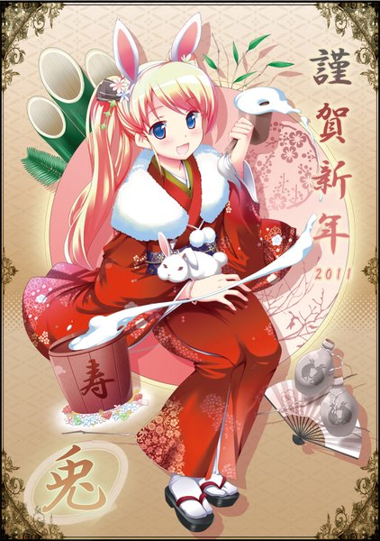 Anime picture 2878x4092 with bishojo eshi 50-nin pikazo (artist) single long hair tall image blush highres open mouth blue eyes blonde hair smile sitting traditional clothes japanese clothes inscription bunny ears hieroglyph girl kimono fan