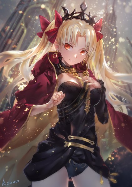 イラスト 2480x3507 と Fateシリーズ fate/grand order エレシュキガル(fate) 妄想咽绝 ソロ 長髪 長身像 カメラ目線 highres light erotic 金髪 赤い目 signed outdoors from below ツーサイドアップ dutch angle hand on chest 女の子 ドレス