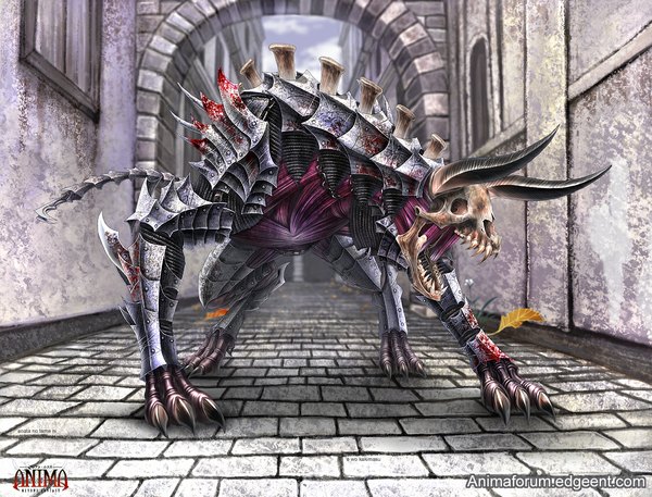 Anime picture 1176x896 with anima single tail horn (horns) demon perspective window armor leaf (leaves) building (buildings) blood chain skull monster claws thorns