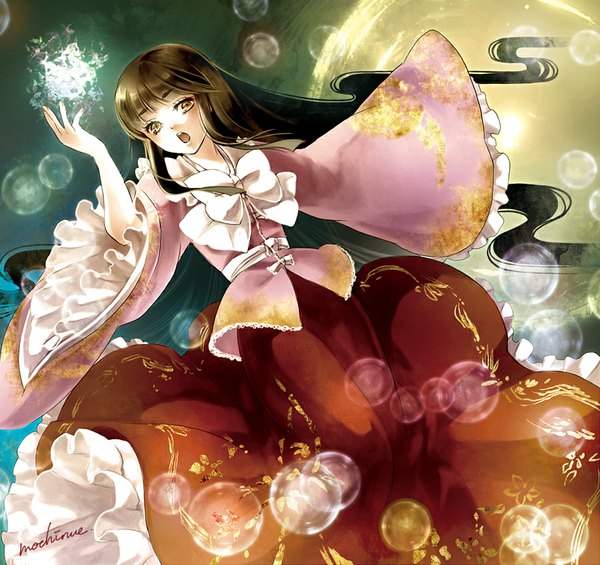 Anime picture 900x848 with touhou houraisan kaguya mochinu single looking at viewer fringe open mouth brown hair brown eyes signed wide sleeves girl bow bubble (bubbles)