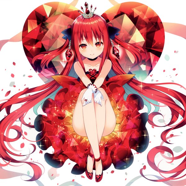 Anime picture 3287x3297 with original wasabi (sekai) single long hair tall image looking at viewer blush highres smile red eyes twintails absurdres red hair very long hair bare legs girl dress gloves hair ornament white gloves