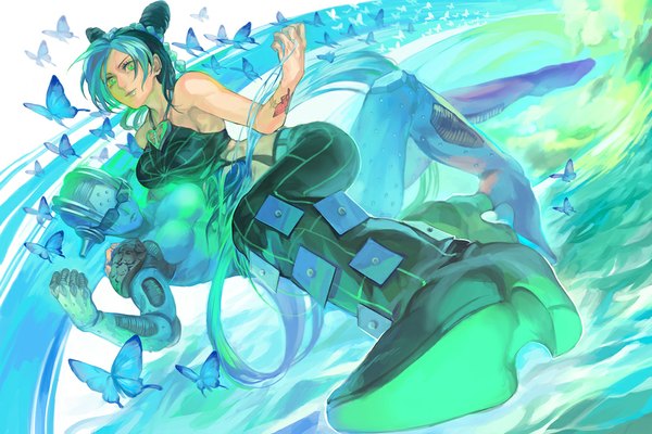 Anime picture 1000x667 with jojo no kimyou na bouken kujo jolyne stone free oburaato looking at viewer short hair black hair smile bare shoulders multiple girls green eyes blue hair braid (braids) multicolored hair two-tone hair hair bun (hair buns) tattoo braided bun stand (jojo) girl