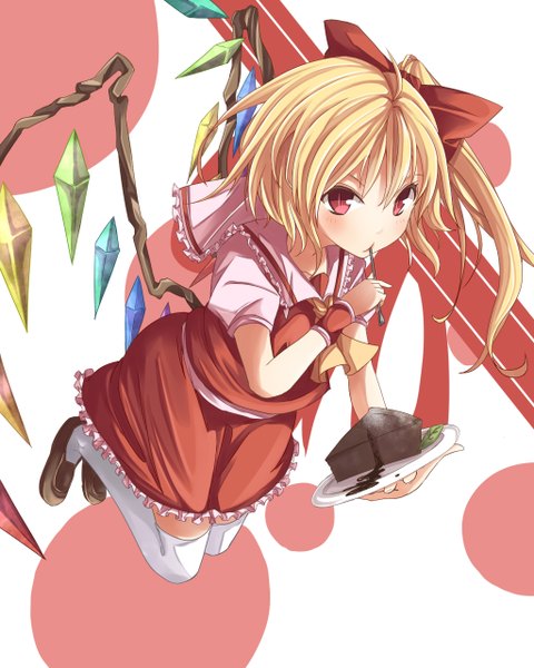 Anime picture 1024x1280 with touhou flandre scarlet gurasion (gurasion) single tall image blush short hair blonde hair red eyes one side up eating girl thighhighs dress skirt bow hair bow white thighhighs wings shoes