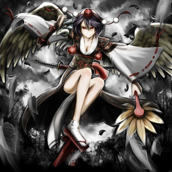 Anime picture 1582x1582 with touhou shameimaru aya jiraiken single looking at viewer short hair light erotic black hair smile red eyes cleavage cloud (clouds) traditional clothes japanese clothes kourindou tengu costume girl weapon plant (plants) sword wings