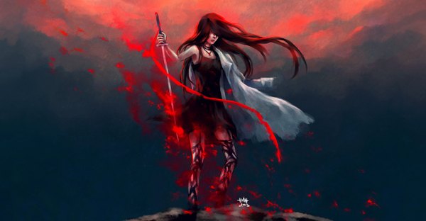 Anime picture 2700x1404 with nanfe single long hair highres black hair wide image signed red hair multicolored hair lips two-tone hair tears crying hair over eyes girl dress ribbon (ribbons) weapon sword katana