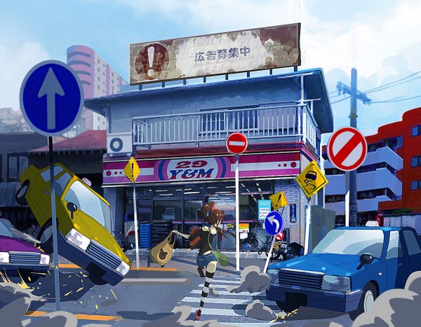 Anime picture 1200x933 with original seiji1209 long hair brown hair ponytail smoke crosswalk girl thighhighs hair ornament shorts building (buildings) bag striped thighhighs ground vehicle car traffic sign bicycle convenience store
