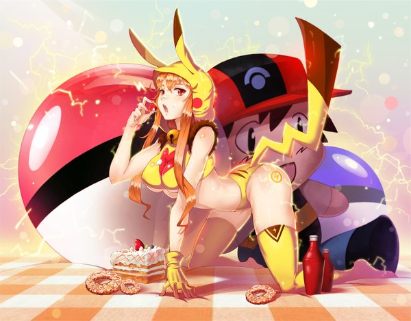 Anime picture 1353x1058 with pokemon nintendo pikachu ash ketchum wuguiex karasu kame ex single long hair looking at viewer blush highres open mouth light erotic red eyes tail orange hair on all fours electricity gen 1 pokemon food on face