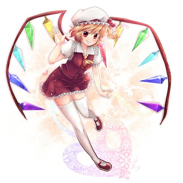 Anime picture 1000x1000 with touhou flandre scarlet isuka single blush short hair blonde hair red eyes girl thighhighs dress white thighhighs wings bonnet crystal