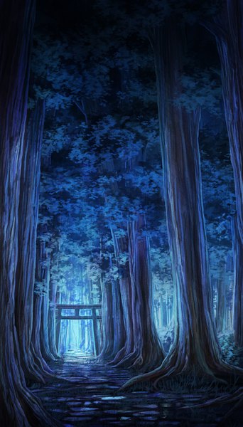 Anime picture 800x1400 with original aoha (twintail) tall image no people glow nature plant (plants) tree (trees) forest torii road