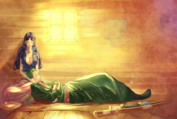 Anime picture 1200x808 with one piece toei animation nico robin roronoa zoro pege (artist) long hair short hair black hair sitting cleavage eyes closed japanese clothes profile green hair light smile open clothes on back couple crossed legs crossed arms
