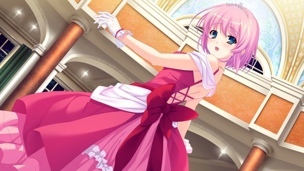 Anime picture 1280x720 with kimi wo aogi otome wa hime ni enatsu ayame short hair blue eyes wide image pink hair game cg girl dress