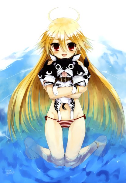 Anime picture 2407x3481 with koin (foxmark) long hair tall image looking at viewer blush fringe highres open mouth light erotic blonde hair hair between eyes red eyes ahoge kneeling girl navel swimsuit animal bikini water