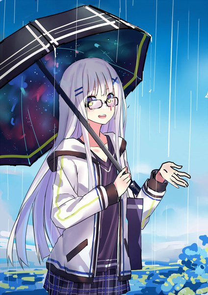 Anime picture 800x1131 with girls frontline hk416 (girls frontline) echj single long hair tall image looking at viewer blush fringe open mouth holding payot sky white hair arm up open jacket shadow plaid skirt rain girl