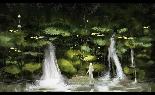 Anime picture 1548x950 with mushishi ginko sarnath single short hair wide image standing white hair profile smoke hand in pocket waterfall boy plant (plants) animal tree (trees) water insect butterfly pants