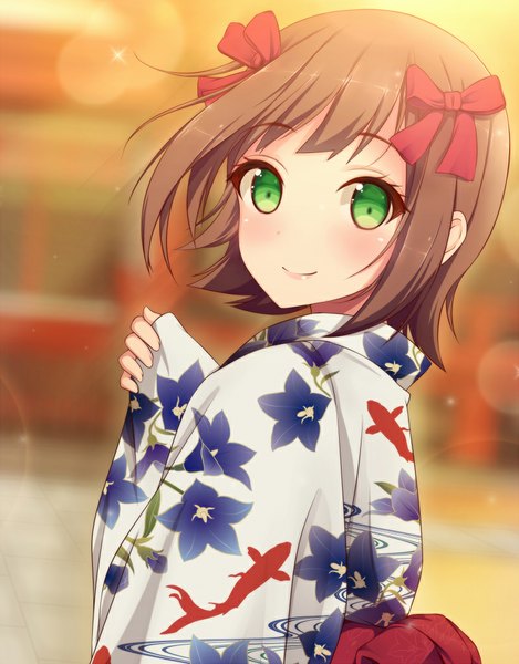Anime picture 783x1000 with idolmaster amami haruka hiiragi hajime single tall image looking at viewer blush fringe short hair smile brown hair green eyes traditional clothes japanese clothes looking back floral print close-up girl bow hair bow