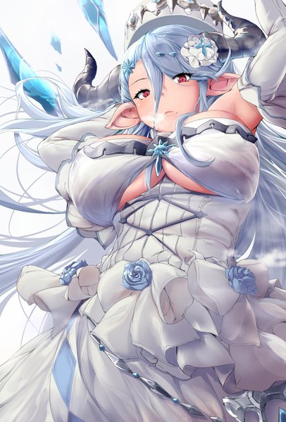 Anime picture 1015x1500 with granblue fantasy izmir pekoneko single long hair tall image looking at viewer fringe breasts light erotic simple background hair between eyes red eyes large breasts blue hair hair flower horn (horns) pointy ears from below underboob