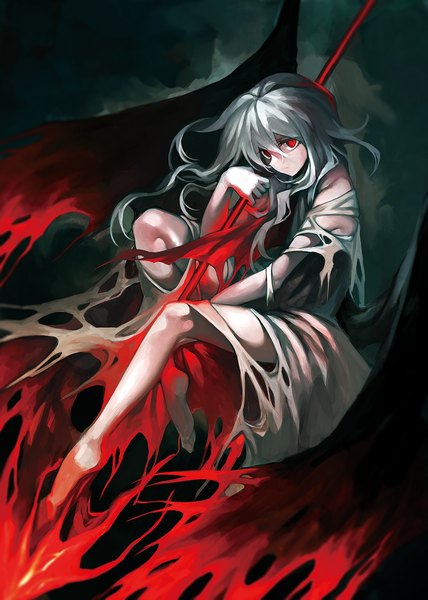Anime picture 1000x1403 with touhou remilia scarlet azuki (ggrksss-apple) single long hair tall image looking at viewer sitting bare shoulders holding bent knee (knees) barefoot grey hair bare legs no shoes torn clothes girl dress white dress spear the gungnir