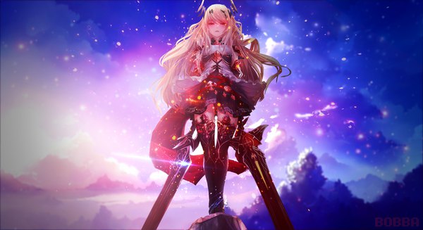Anime picture 1980x1080 with shingeki no bahamut dark angel olivia bobba pip (red juice1869) single long hair looking at viewer blush fringe highres blonde hair red eyes wide image standing holding signed cloud (clouds) full body parted lips pleated skirt
