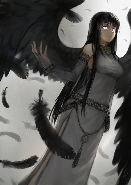 Anime picture 1000x1414 with mabinogi morrighan charimei single long hair tall image looking at viewer black hair simple background bare shoulders grey background black wings white eyes girl detached sleeves feather (feathers)