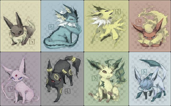 Anime picture 1000x620 with pokemon nintendo eevee umbreon espeon glaceon vaporeon leafeon flareon jolteon huyukai simple background wide image group multiview no people gen 1 pokemon gen 2 pokemon gen 4 pokemon animal