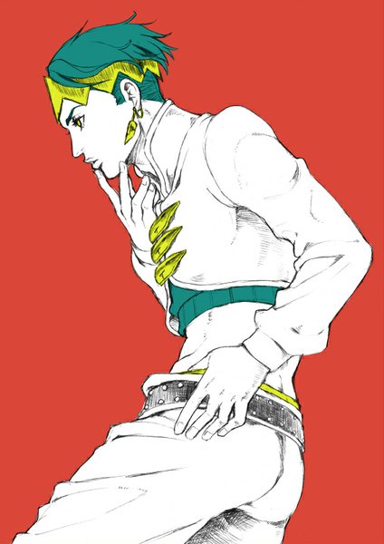 Anime picture 566x800 with jojo no kimyou na bouken kishibe rohan chounorin single tall image short hair simple background yellow eyes profile green hair hand on hip finger to mouth monochrome red background spot color boy earrings hairband