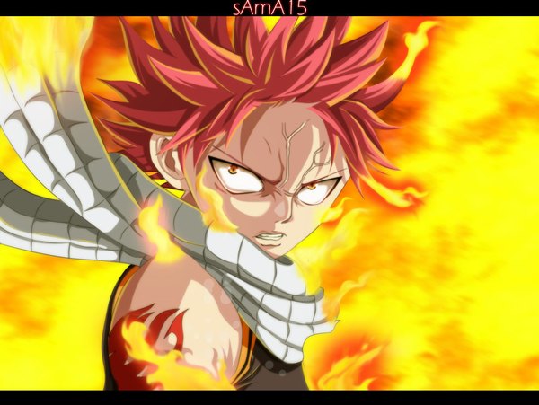 Anime picture 1024x771 with fairy tail natsu dragneel sama15 single short hair pink hair orange eyes tattoo sleeveless grin coloring magic portrait angry boy scarf fire
