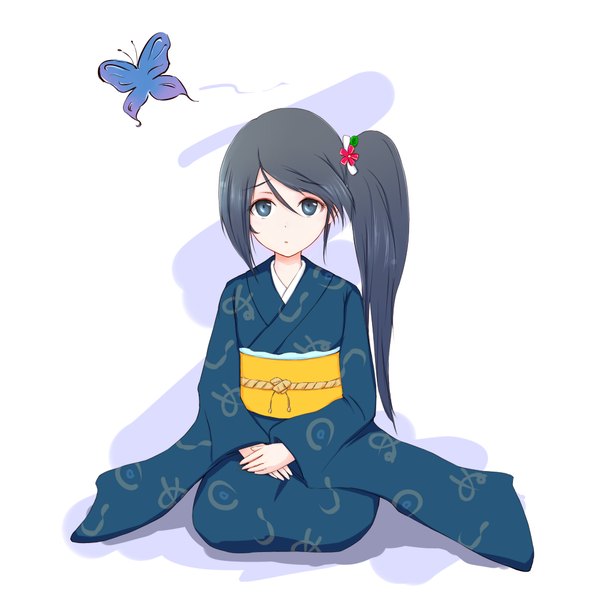 Anime picture 1000x1000 with hataraku maou-sama! white fox kamazuki suzuno nikke (nikke1792) long hair looking at viewer blue eyes black hair white background ponytail traditional clothes japanese clothes side ponytail girl kimono insect butterfly obi