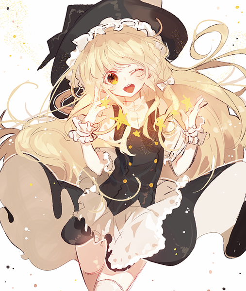 Anime picture 700x829 with touhou kirisame marisa lunch (lunchicken) single long hair tall image blush fringe open mouth blonde hair standing one eye closed wink happy witch girl thighhighs skirt bow hair bow