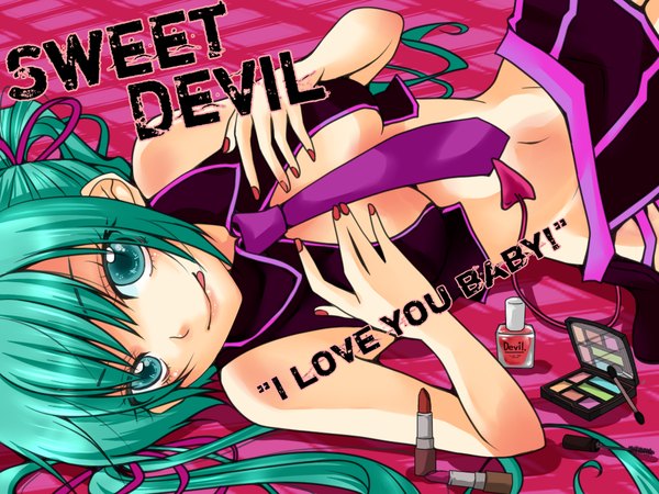 Anime picture 1024x768 with vocaloid sweet devil (vocaloid) hatsune miku youto kakeru single long hair looking at viewer twintails bare shoulders green eyes nail polish green hair :p girl navel necktie