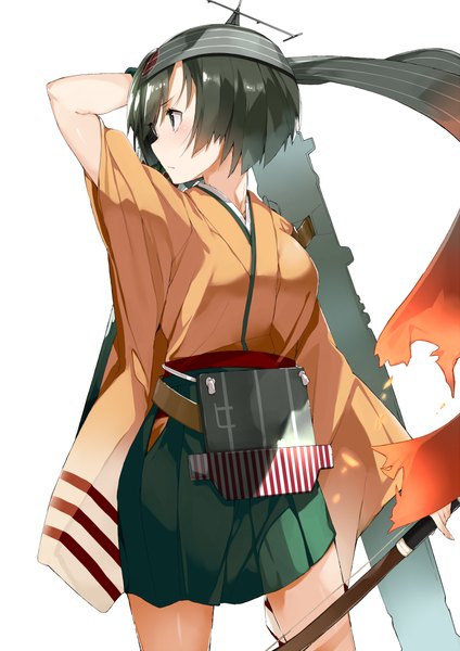 Anime picture 700x990 with kantai collection hiryuu aircraft carrier akiha (attract) single tall image blush fringe short hair blue eyes black hair simple background standing white background brown eyes looking away traditional clothes japanese clothes profile pleated skirt arm up