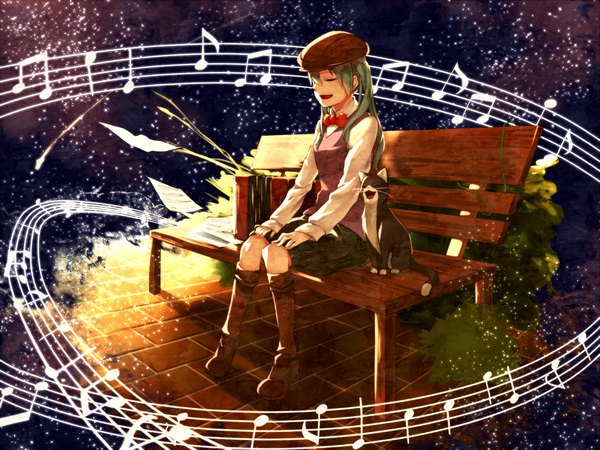 Anime picture 1600x1200 with vocaloid hatsune miku pietani 397 long hair sitting twintails green eyes tail eyes closed singing girl bow hat boots bowtie cat musical note bench
