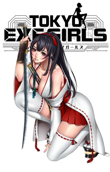 Anime picture 768x1200 with tokyo exe girls masami chie single long hair tall image looking at viewer breasts light erotic black hair white background bare shoulders full body ponytail traditional clothes japanese clothes black eyes inscription official art copyright name miko