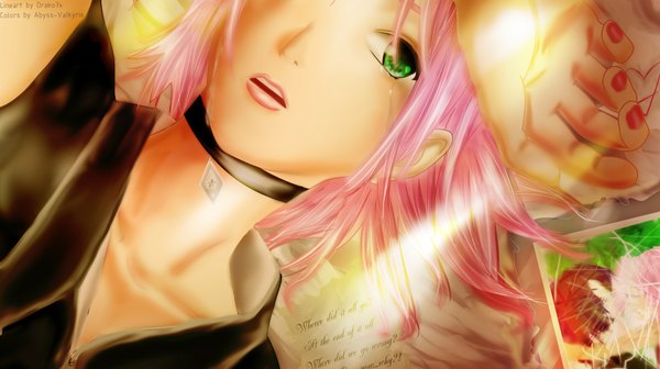 Anime picture 2000x1122 with naruto studio pierrot naruto (series) haruno sakura abyss-valkyrie single highres short hair open mouth wide image green eyes pink hair lying nail polish lips sunlight realistic tears coloring girl