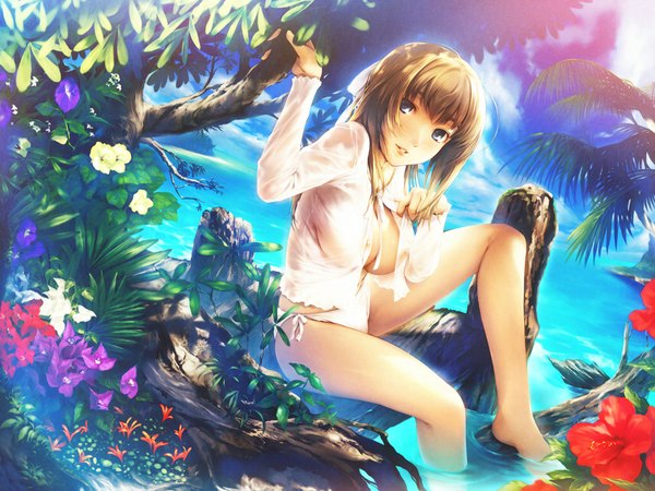Anime picture 1024x768 with original simosi breasts light erotic barefoot open clothes open shirt landscape nature underwear panties water side-tie panties