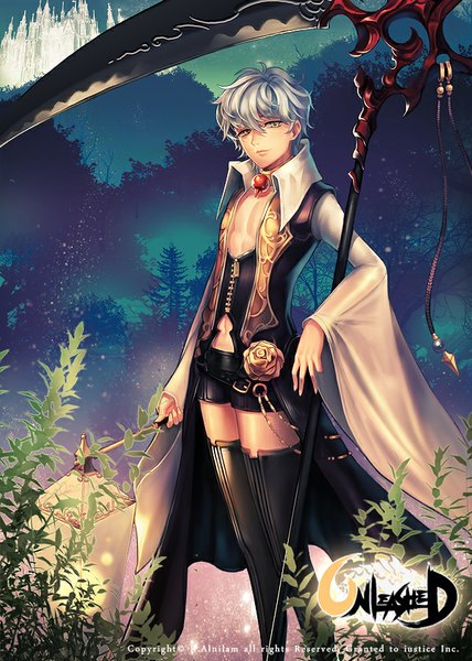 Anime picture 600x840 with unleashed r.alnilam single tall image looking at viewer fringe short hair standing yellow eyes silver hair night boy weapon shorts short shorts clothes scythe