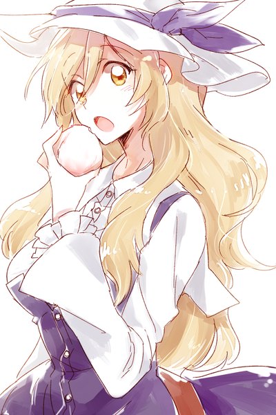 Anime picture 800x1200 with touhou watatsuki no toyohime six (fnrptal1010) single long hair tall image looking at viewer blush simple background blonde hair white background yellow eyes :o eating girl dress hat fruit hat ribbon peach