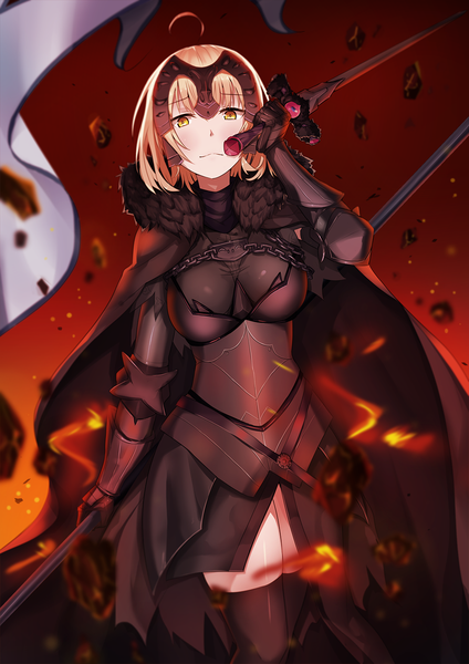 Anime picture 1000x1415 with fate (series) fate/apocrypha jeanne d'arc (fate) (all) jeanne d'arc (fate) 714 (leg200kr) single tall image looking at viewer short hair light erotic blonde hair yellow eyes girl thighhighs dress hair ornament weapon black thighhighs sword armor