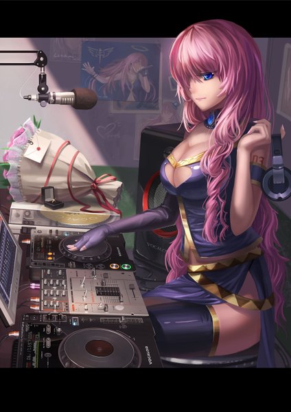 Anime picture 1000x1415 with vocaloid megurine luka saber 01 single long hair tall image breasts blue eyes light erotic sitting pink hair dj girl dress flower (flowers) headphones microphone bouquet