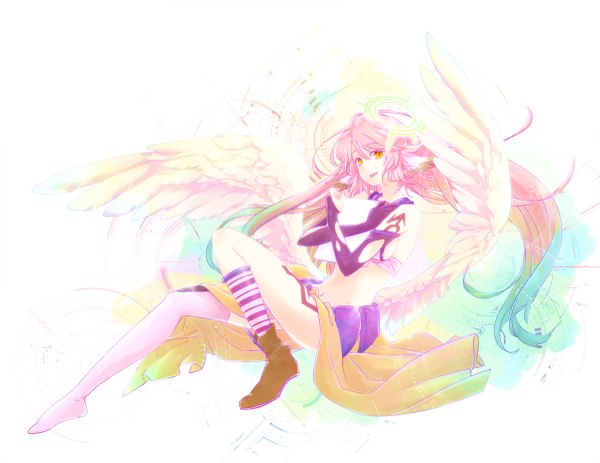 Anime picture 1200x927 with no game no life madhouse jibril (no game no life) yonehara single long hair looking at viewer open mouth white background pink hair pointy ears orange eyes girl thighhighs dress gloves wings elbow gloves boots feather (feathers)