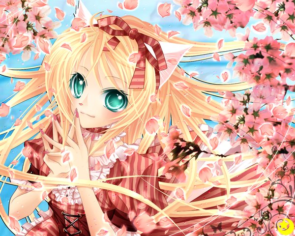 Anime picture 1280x1024 with original midzuki single long hair looking at viewer blonde hair animal ears aqua eyes cat ears cherry blossoms girl dress flower (flowers) bow ribbon (ribbons) hair bow hair ribbon petals frills