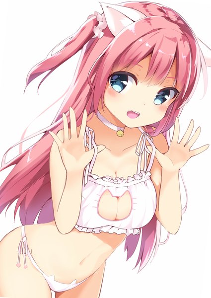 Anime picture 800x1129 with original chikuwa. single long hair tall image blush fringe breasts open mouth blue eyes light erotic simple background smile large breasts standing white background animal ears payot looking away pink hair